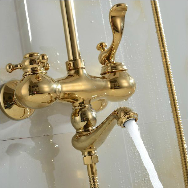 2014 new luxury gold and rose gold brass shower faucet set single ceramic handles tub mixer hand shower m-50 - Click Image to Close