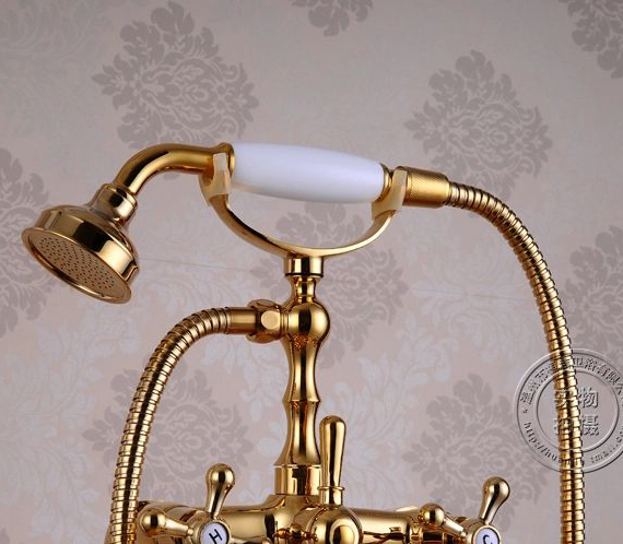 bathroom golden floor stand faucet telephone type bath shower mixer brass shower set luxury bathtub tap hj-5021