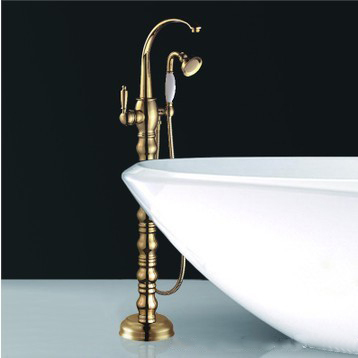 bathroom golden floor stand faucet telephone type bath shower mixer brass shower set luxury bathtub tap v1313