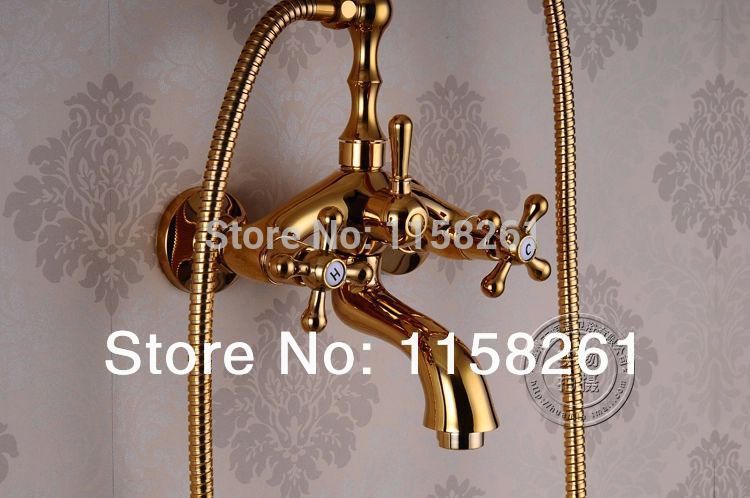 luxury antique style gold color bath tub faucet ceramic handle & handheld shower head faucet mixer tap hj*5014 - Click Image to Close