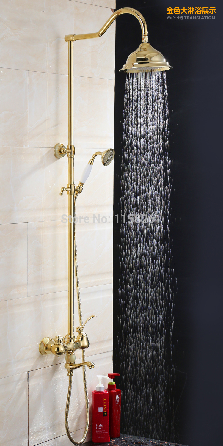 new luxury gold color wall mount bath shower set faucet mixer taps rainfall head handheld spray q-66a