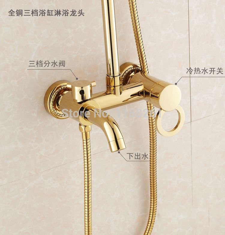 whole and retail luxury gold brass shower faucet set dual ceramic handles tub mixer hand shower hj-1065k-b - Click Image to Close
