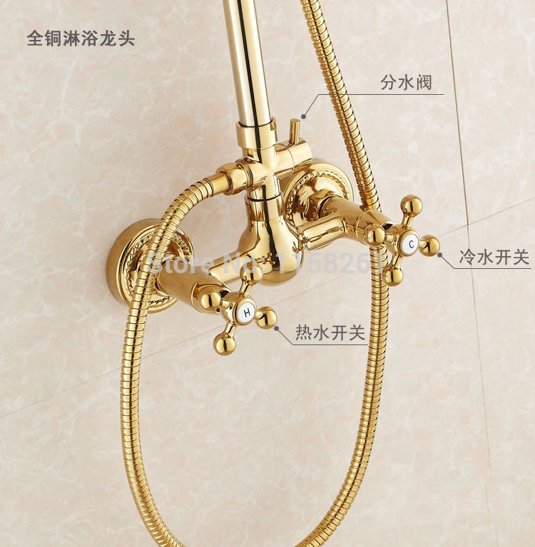 whole and retail luxury gold brass shower faucet set dual ceramic handles tub mixer hand shower hj-3011k-a