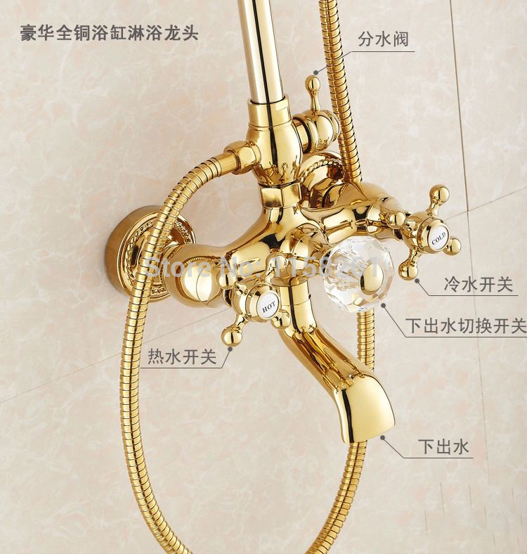 whole and retail promotion luxury gold brass shower faucet rain shower head+tub faucet + hand shower hj-859k-a
