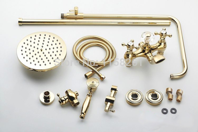 whole and retail promotion luxury gold brass shower faucet rain shower head +tub faucet+hand shower hj-859k-b