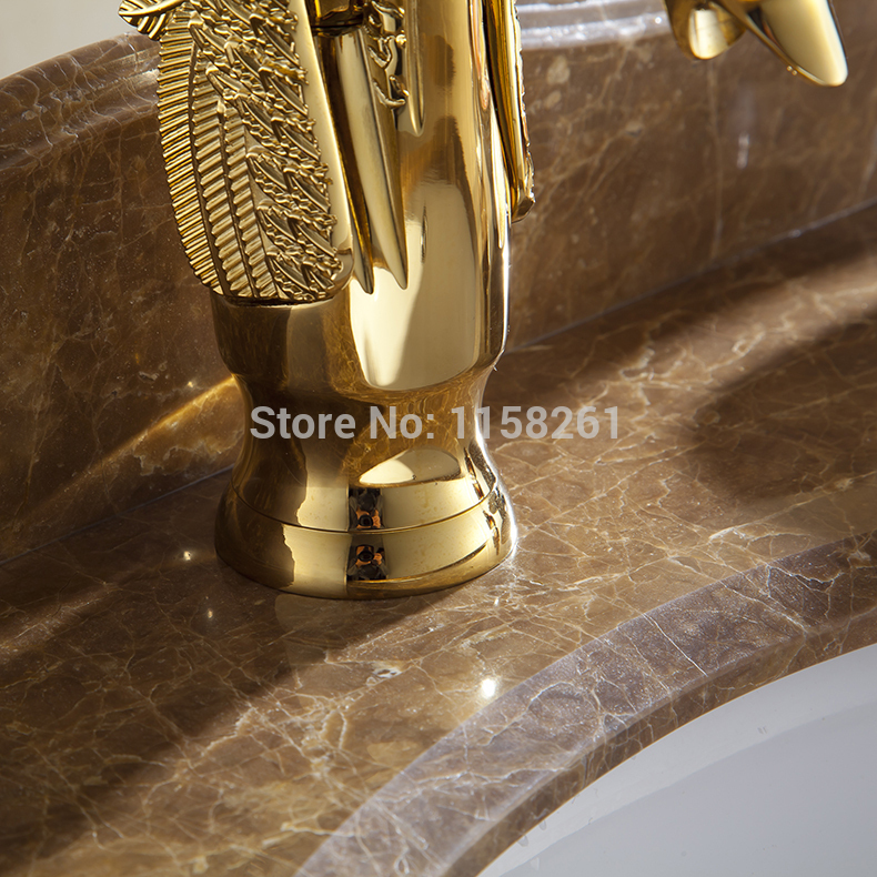 2014new design luxury copper and cold taps swan faucet gold plated gold wash basin faucet mixer taps hj-35k