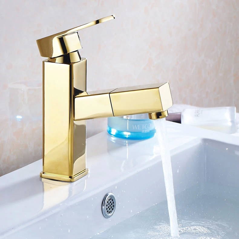 deck mounted golden finish pull out kitchen & bathroom faucet basin mixer tap 9016