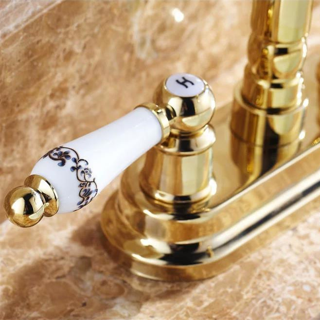 golden brass deck mounted dual ceramics handles bathroom vessel sink basin faucet swivel mixer taps 9305k