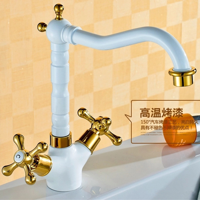 golden grilled white paint basin crane brass swivel bathroom basin sink mixer tap double handle 6711w