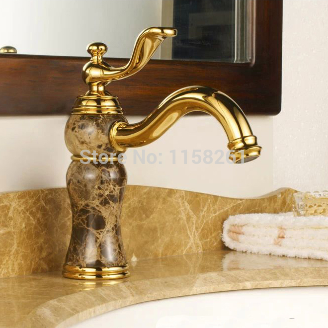 new fashion golden brass and marble body deck mounted bathroom basin faucet single handle m-03
