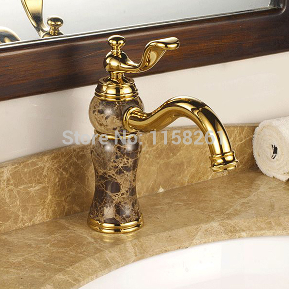 new fashion golden brass and marble body deck mounted bathroom basin faucet single handle m-03
