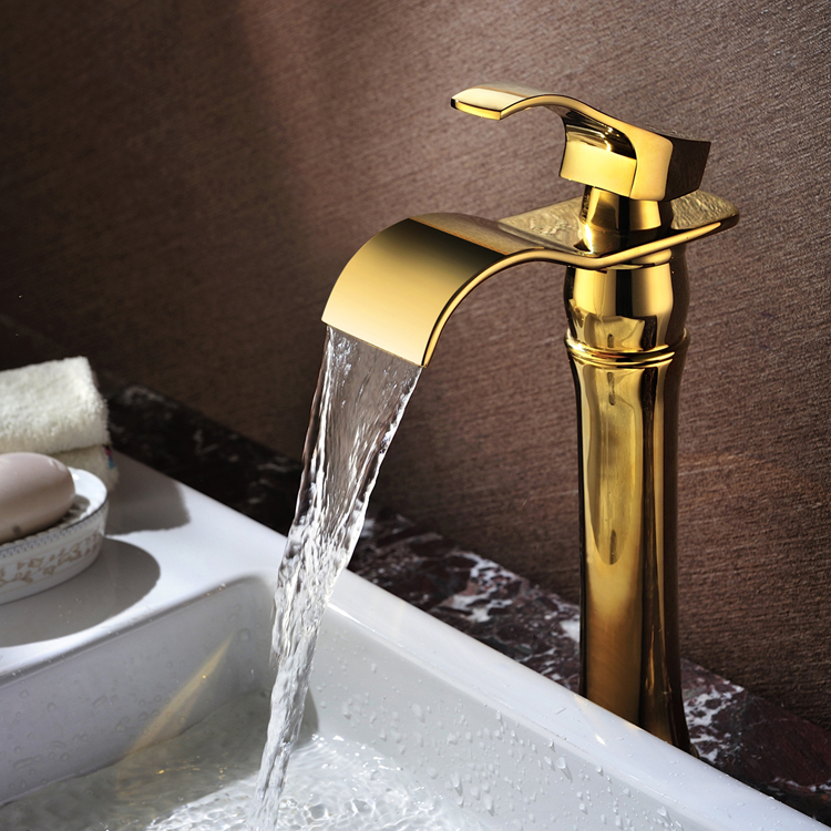 whole and retail golden finish waterfall bathroom faucet bathroom basin mixer and cold water h-001k - Click Image to Close
