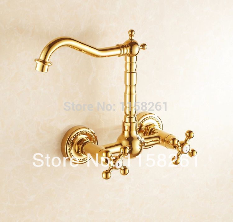 fashion golden kitchen swivel basin sink wall mounted single hole ceramic double handle faucet tap hj-6709k