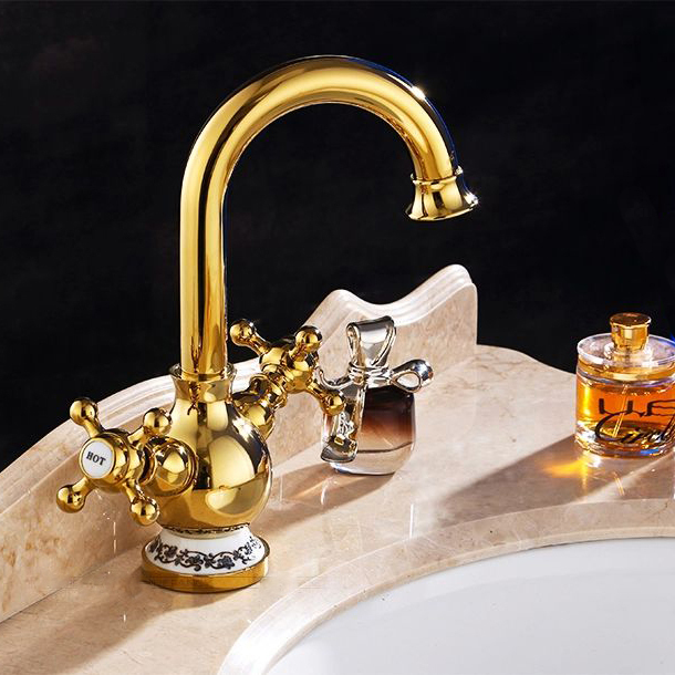 solid gold faucet, gold plated purified water basin faucet,deck mounted double lever wash faucet 2022k