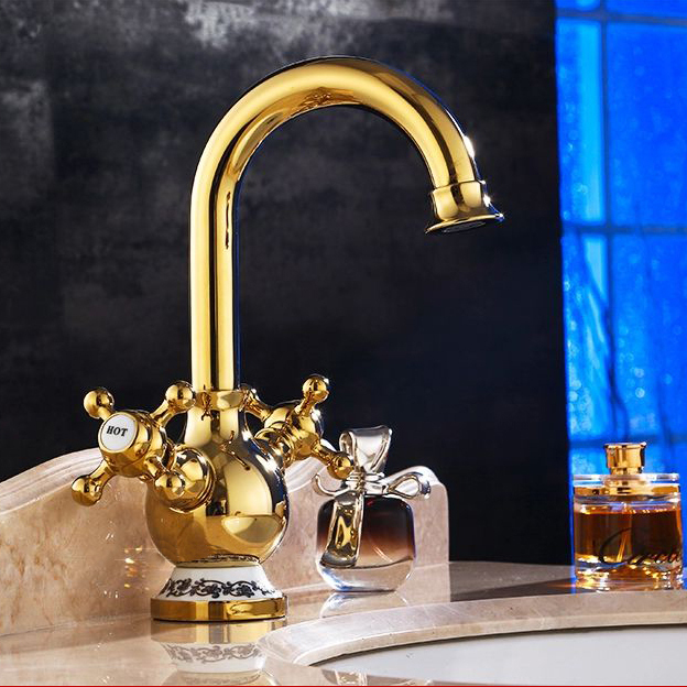 solid gold faucet, gold plated purified water basin faucet,deck mounted double lever wash faucet 2022k