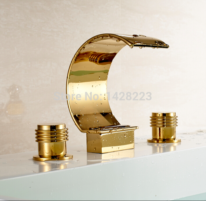 creative design waterfall spout basin sink faucet deck mounted three holes bathroom mixer taps with dual handles