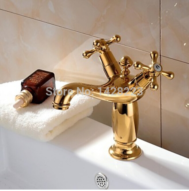 deck mounted dual cross handles bathroom sink basin mixer taps deck mounted golden finished