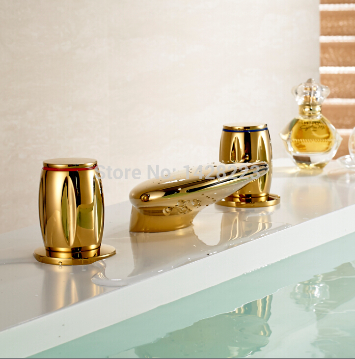 deck mounted waterfall bathroom basin faucet gold-plate double handles basin mixer vanity faucet