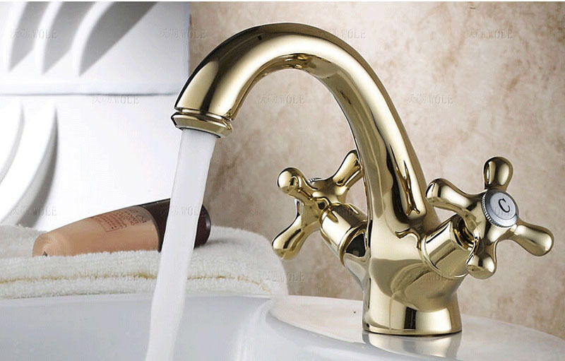 dual cross handles bathroom vanity sink faucet tap and cold mixer water golden color