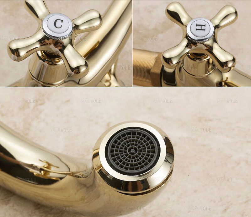 dual cross handles bathroom vanity sink faucet tap and cold mixer water golden color