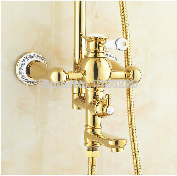 fashion wall mounted rainfall shower set faucet golden 8" rain showerhead + handheld shower