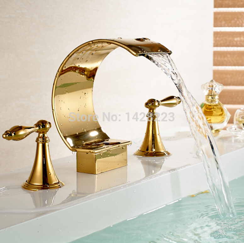fashion waterfall spout dual handles basin vessel sink faucet deck mounted three holes bathroom mixer taps