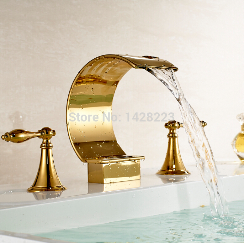 fashion waterfall spout dual handles basin vessel sink faucet deck mounted three holes bathroom mixer taps