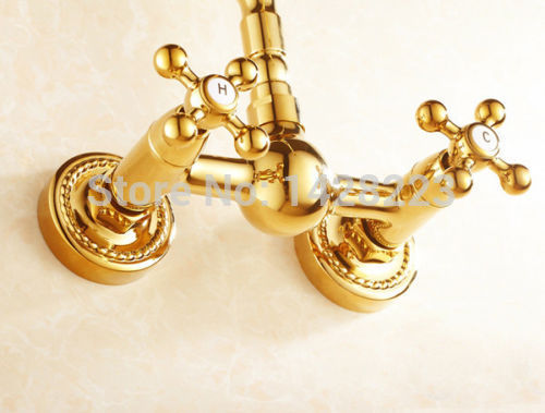 gold finish wall mounted kitchen sink faucet dual handles swivel spout kitchen mixer taps swivel spout kitchen taps