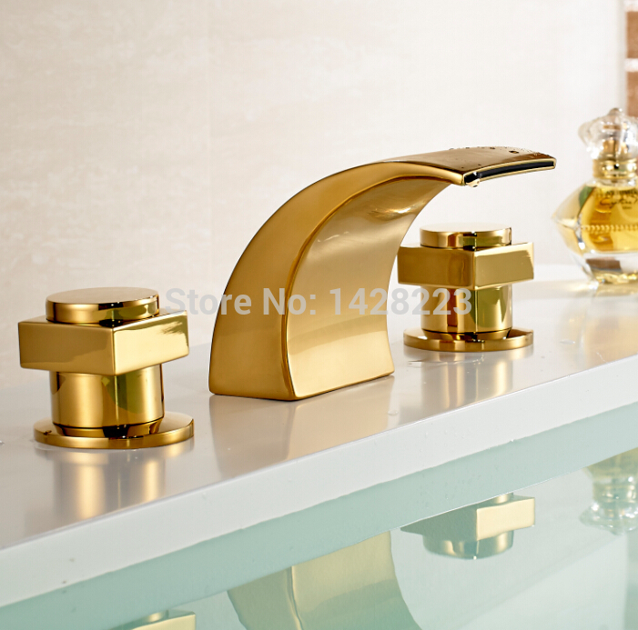 gold-plate widespread 3pcs bathroom waterfall basin sink faucet dual handles deck mounted three holes