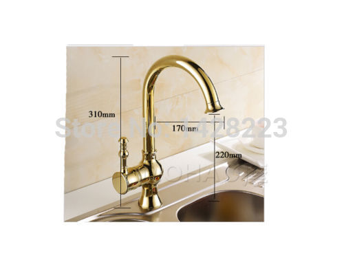 golden deck mount 360 swivel neck kitchen sink faucet single handle and cold water mixer tap