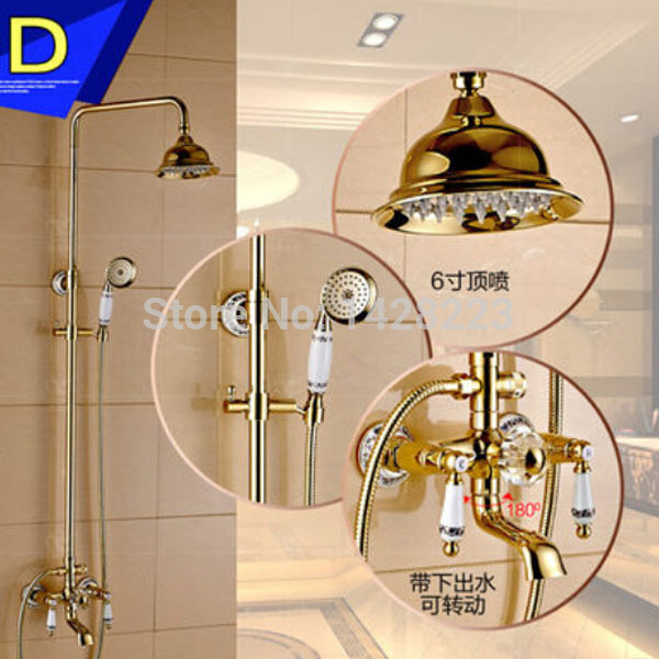 golden dual handles bathroom tub shower set faucet wall mounted 6" rainfall showerhead + handheld shower