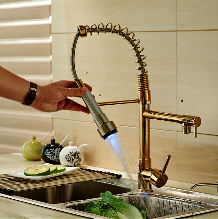 golden kitchen faucets torneira led light pull down chrome finished sink water tap vessel faucets mixers & taps