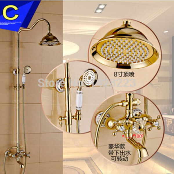 golden rainfall shower faucet set with handheld shower wall mounted bathroom exposed shower mixer tap