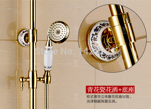 golden rainfall shower faucet set with handheld shower wall mounted bathroom exposed shower mixer tap