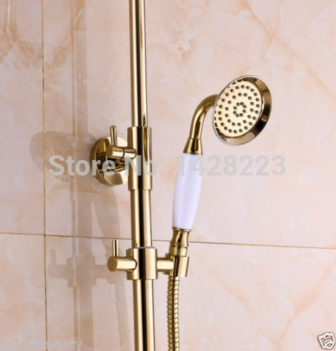 golden wall mounted brass rainfall shower faucet complete sets dual handles bathroom bath shower mixer taps