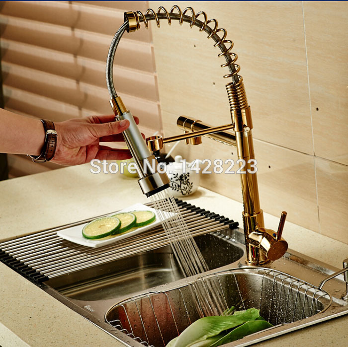 good quality golden brass & cold kitchen sink faucet with dual spout deck mount single handle