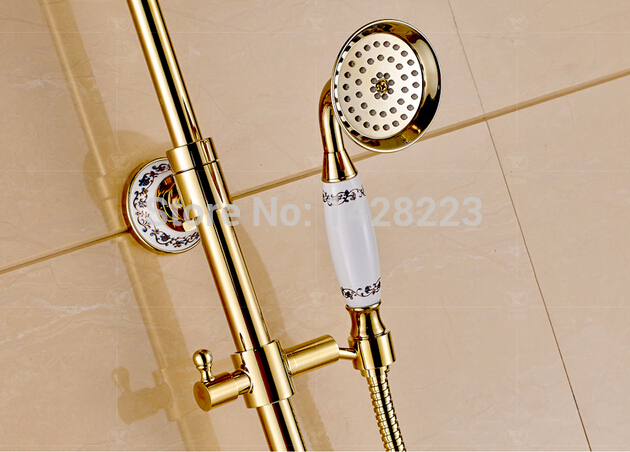 high-end golden dual cross handles 6" rain shower set faucet wall mount exposed shower mixer valve with handshower