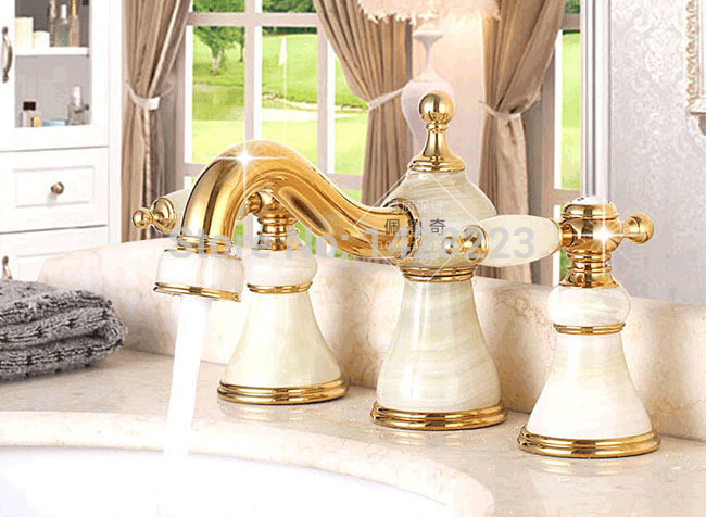 luxury deck mounted widespread 8" basin sink faucets golden and white jade bathroom and color mixer taps