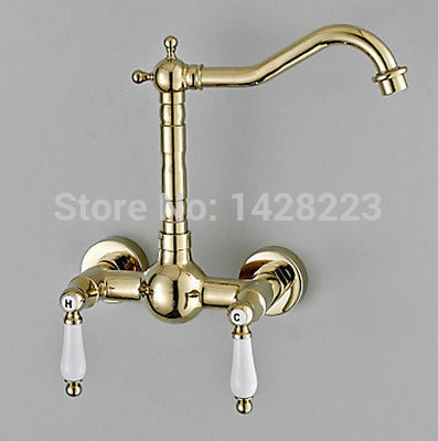 luxury gold-plate dual ceramic handles wall mounted kitchen sink faucet brass bathroom swivel spout faucet