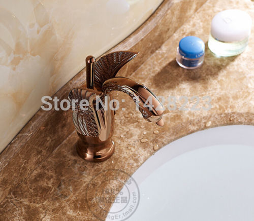 luxury rose gold color swan shape bathroom sink mixer taps deck mount one hole basin faucets