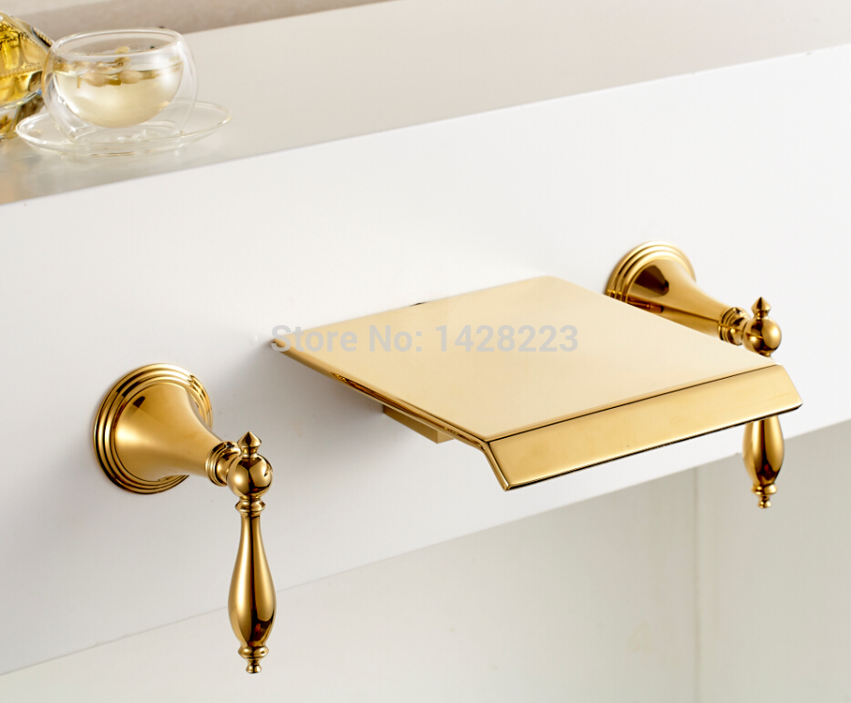 luxury wall mounted dual handles bathroom sink mixer taps golden waterfall spout basin faucet three holes