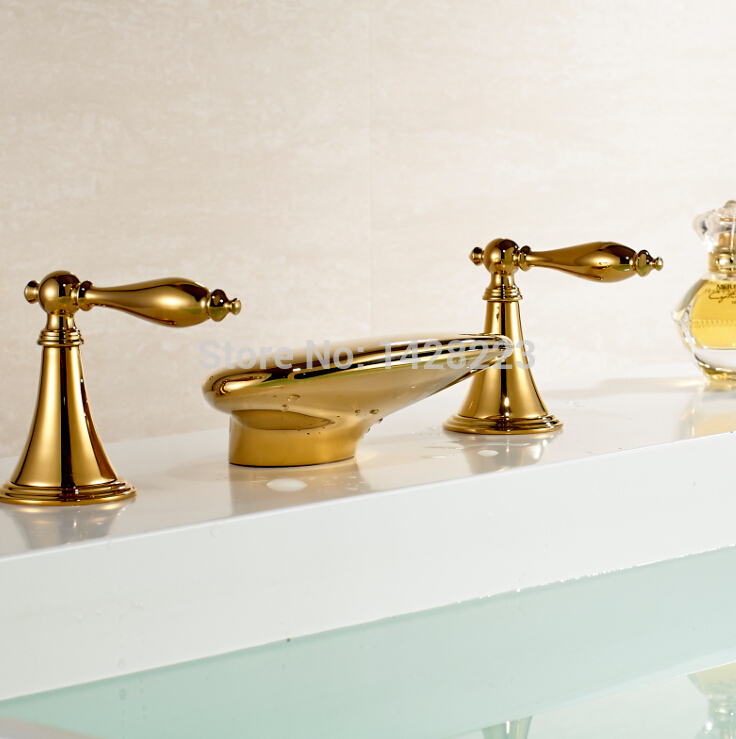 new design deck mounted waterfall bathroom basin mixer taps dual handles washbasin faucet gold-plate