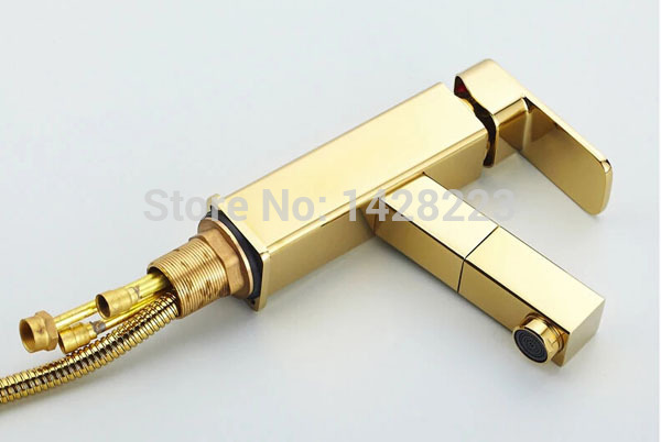 new design square style pull out basin sink faucet deck mounted polished golden wash hair mixer taps