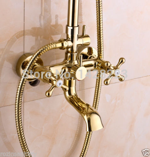 new elegant golden 8" brass rain shower head & handheld shower system set faucet wall mounted dual handles