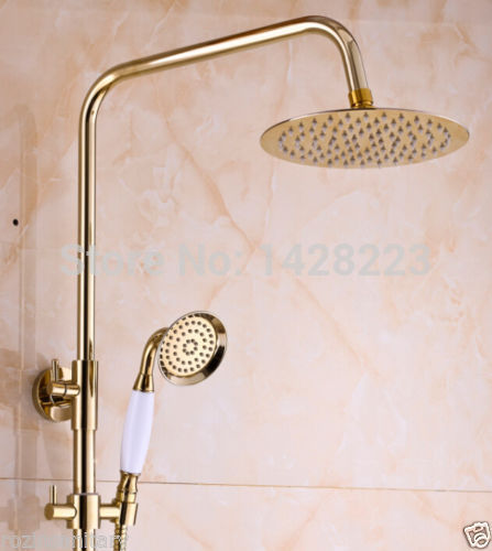 new elegant golden 8" brass rain shower head & handheld shower system set faucet wall mounted dual handles
