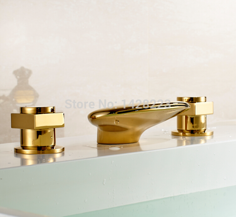 polished gold deck mounted bathroom sink faucet waterfall spout dual handles three holes