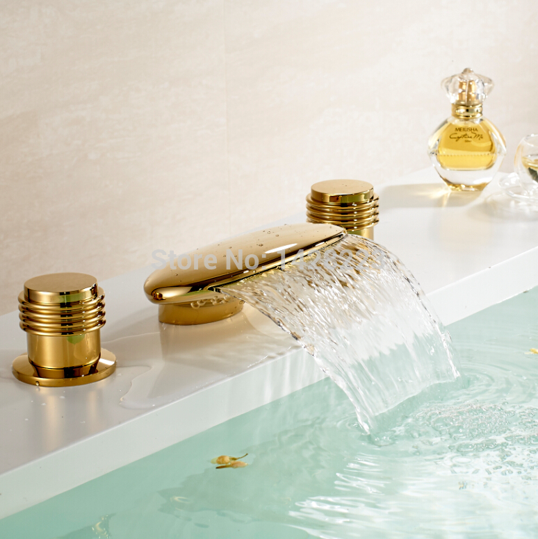 polished golden three holes deck mounted waterfall bathroom vanity sink faucet dual handles basin mixer taps