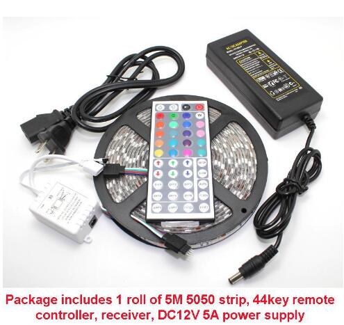 led strip lights rgb 5050 5m/set 60pcs/meter waterproof with 24/44 keys remote controller+ dc12v 5a power adapter