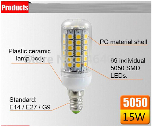 super bright 15w g9 gu10 e14 e27 led bulbs light corn lamp 69 smd 5050 ac 220-240v warm/pure white 360 angle led lights +ce rohs