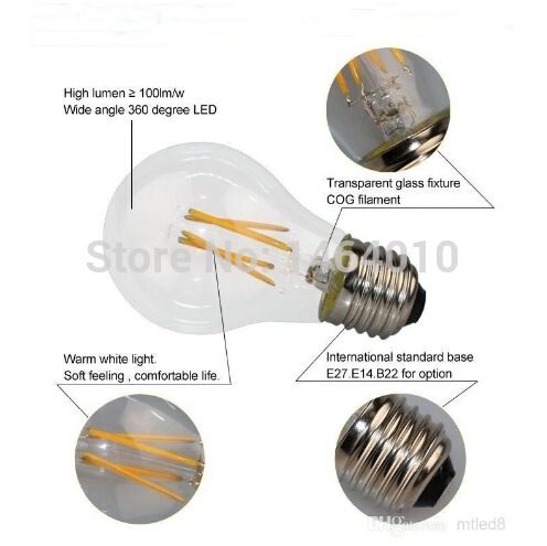 x30 e27 4w filament led bulbs light warm white 2700k high lumens 480lm a60 led edison filament bulbs ac 110-240v